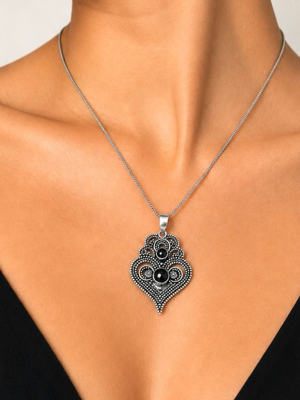 Natural Black Onyx Heart Gemstone 2.5” Silver Pendant - Picture 4 of 6